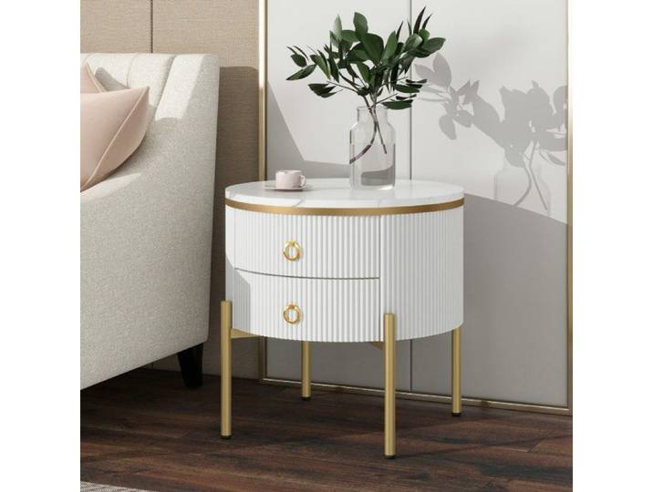Table basse - Façon marbre - Ø50 x H51 cm - 2 tiroirs - Pieds dorés réglables