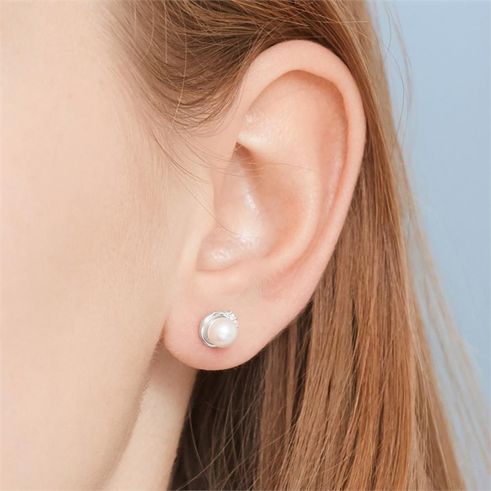 Unique 585er Weißgold-Ohrringe Perle 4 Diamanten silber