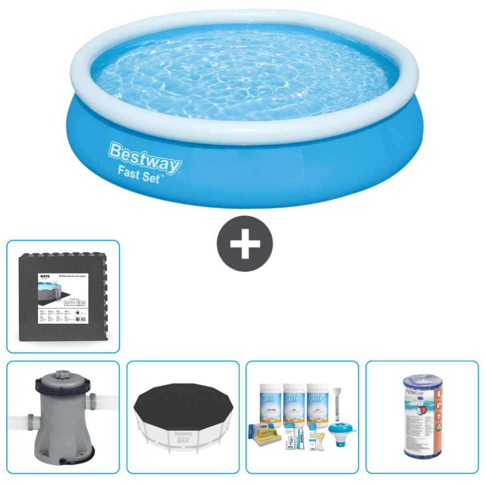 Bestway runder aufblasbarer Fast-Set-Schwimmpool - 366 x 76 cm - Blau - inklusive Pumpe Abdeckung - Wartungspaket - Filter - Bodenfliesen