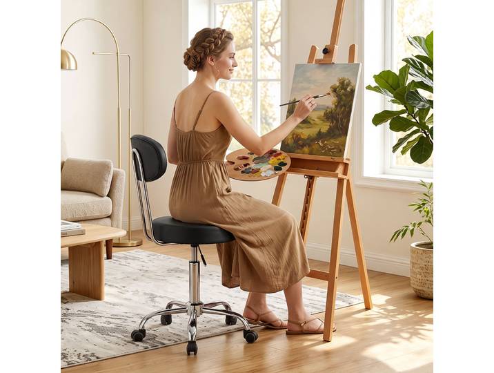 HOMCOM Tabouret Pivotant Hauteur Réglable Cuir Noir avec Dossier