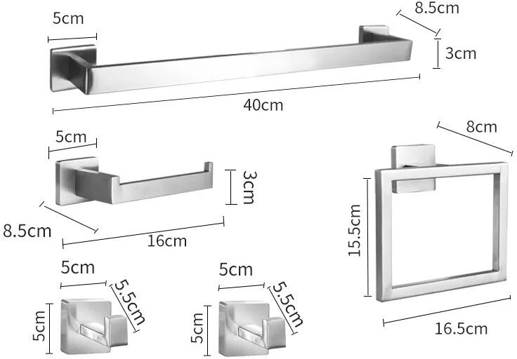 INF Ensemble de supports de salle de bain carrés à percer, 5 pièces, 40 cm, en acier inoxydable Argent