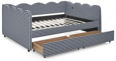 Full Size Cozy Gingham Daybed with Two Storage Drawers, with USB Port and Adorable Wave Shaped