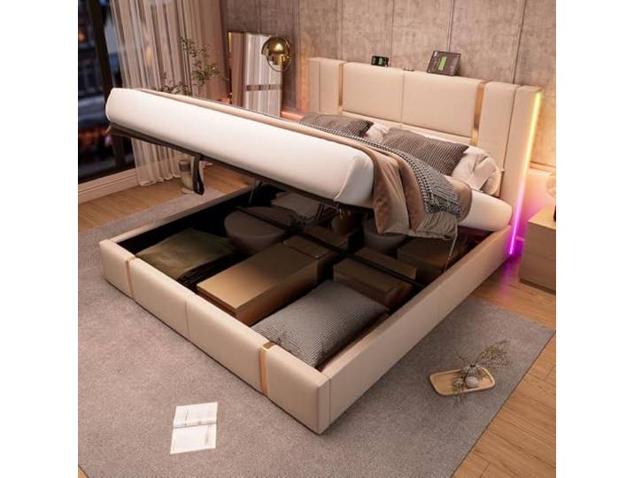 Merax Stauraumbett Polsterbett Hydraulisch Doppelbett 160×200cm, LED Funktionsbett mit USB Ladefunktion, höheres Kopfteil, Lattenrost aus Holz, Metallrahmen, Leinen, Jugendbett, ohne Matratze, Beige