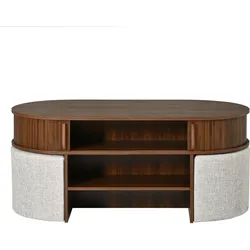 COUCHTISCH Oval Nussbaum mit Stoffhockern Schiebetüren & Rillenoptik
