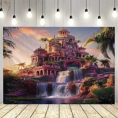 ein Schloss Haus Pflanzen See Wasser Wasserfall Landschaft Wandteppich Wandkunst große Wandteppich Wandbild Dekor Fotografie Hintergrund Decke Vorhang Haus Schlafzimmer Wohnzimmer Dekoration
