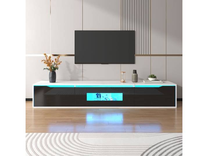 Maisentiel Meuble TV vitrine LED 180 cm blanc et noir façade noire brillante rainurée