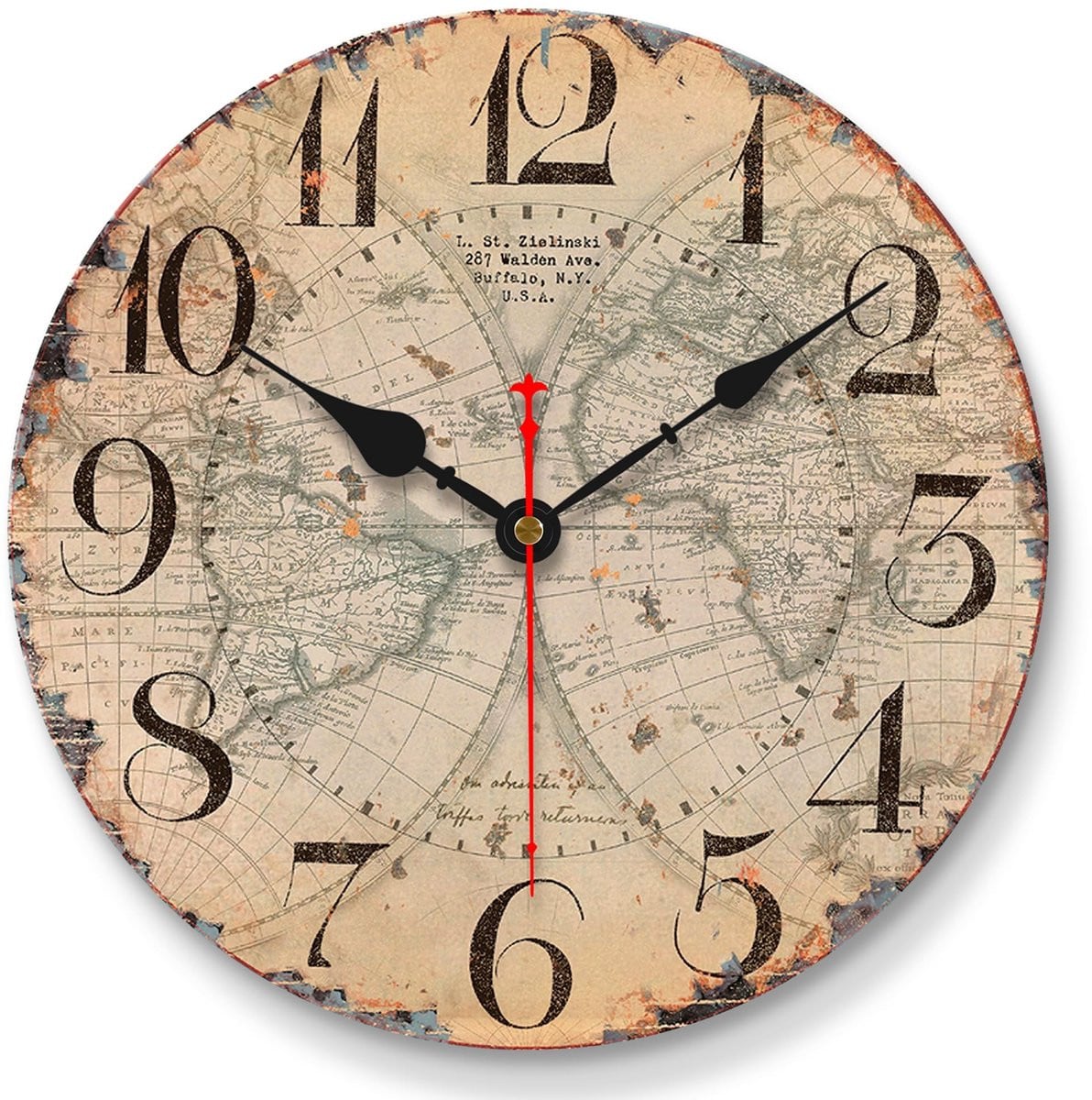 Vintage Wereldkaart Wandklok met Industrieel Design, Geluidloos en Analoog, Diameter: 20 cm