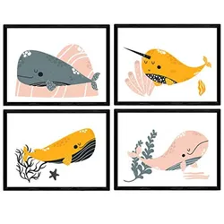 POSTER Set mit 4 Wale im Meer grau orange und rosa A4 Rahmenlos