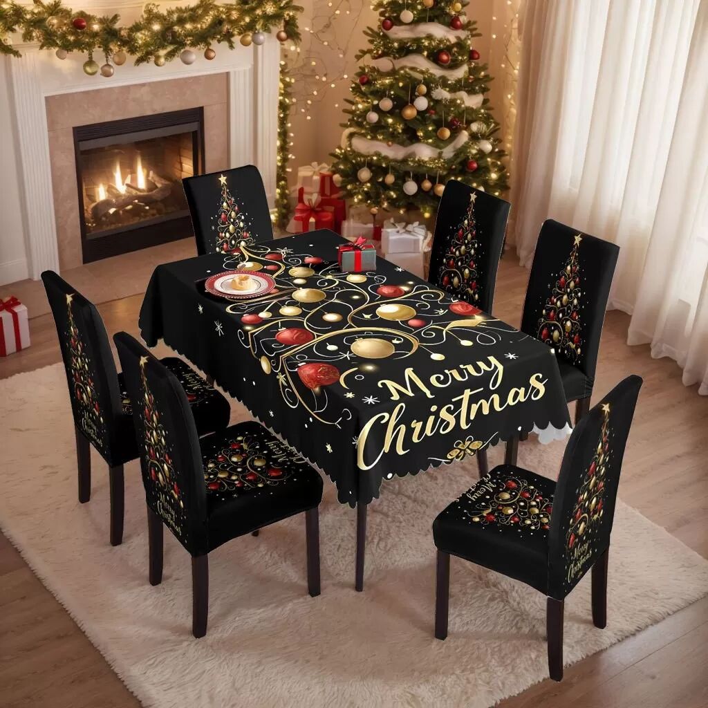 INF Weihnachts-Tischdecke und Stuhlhussen Set - Schwarzer Hintergrund