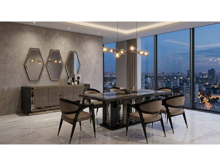 JVmoebel Esszimmer-Set Hochwertiges Esszimmer-Set mit Tisch, 6 Stühlen, Sideboard & Spiegel, (9-St., 1x Tisch, 6x Stühle, 1x Sideboard, 1x Spiegel)