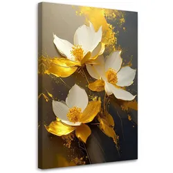 LEINWANDBILD, Weiße Magnolien mit goldenen Akzenten auf einem dunklen Hintergrund