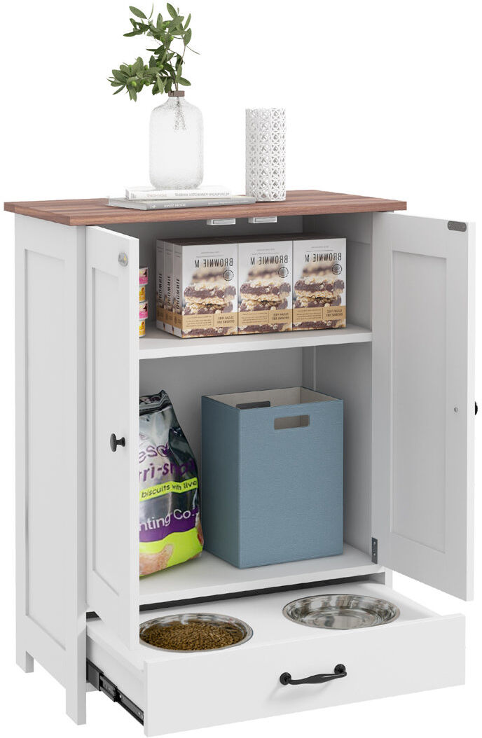 PawHut Dog Feeding Station with Storage Pet Feeding Station with Dog Bowls White 80cm H X 60cm W X 35cm D