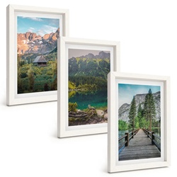 BILDER SET 3er Set - 20x30 cm Weißer Rahmen - Berglandschaft See Brücke