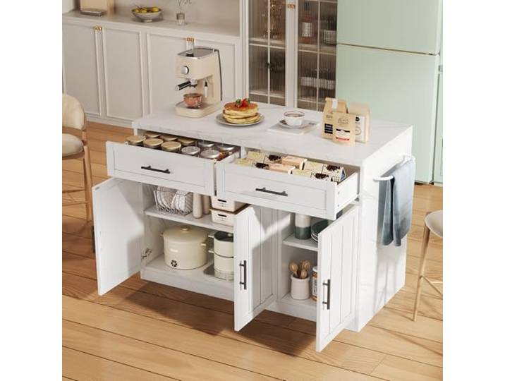 FammyLoft Kücheninsel mit Steckdosen, Küchenschrank mit Verstellbare Einlegeböden, Küchenkommode Freistehend mit Schubladen, Geeignet für Wohnungen, Küchen und ähnliche Räume, Handtuchhalter, Weiß