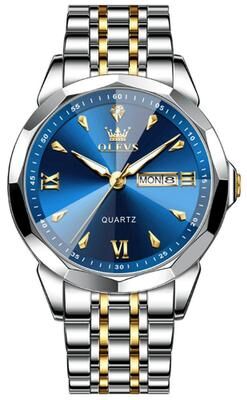 Everyday Crate OLEVS 9998 Mens Quartz Watch Diamond Dial Waterproof Watch With Dual Calendar Stainless Steel Strap blue + Gold