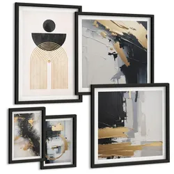 BILDER SET 5er Set - 50x50 cm & 20x30 cm & 40x60 cm Schwarzer Rahmen - Abstrakte Geometrie-Komposition