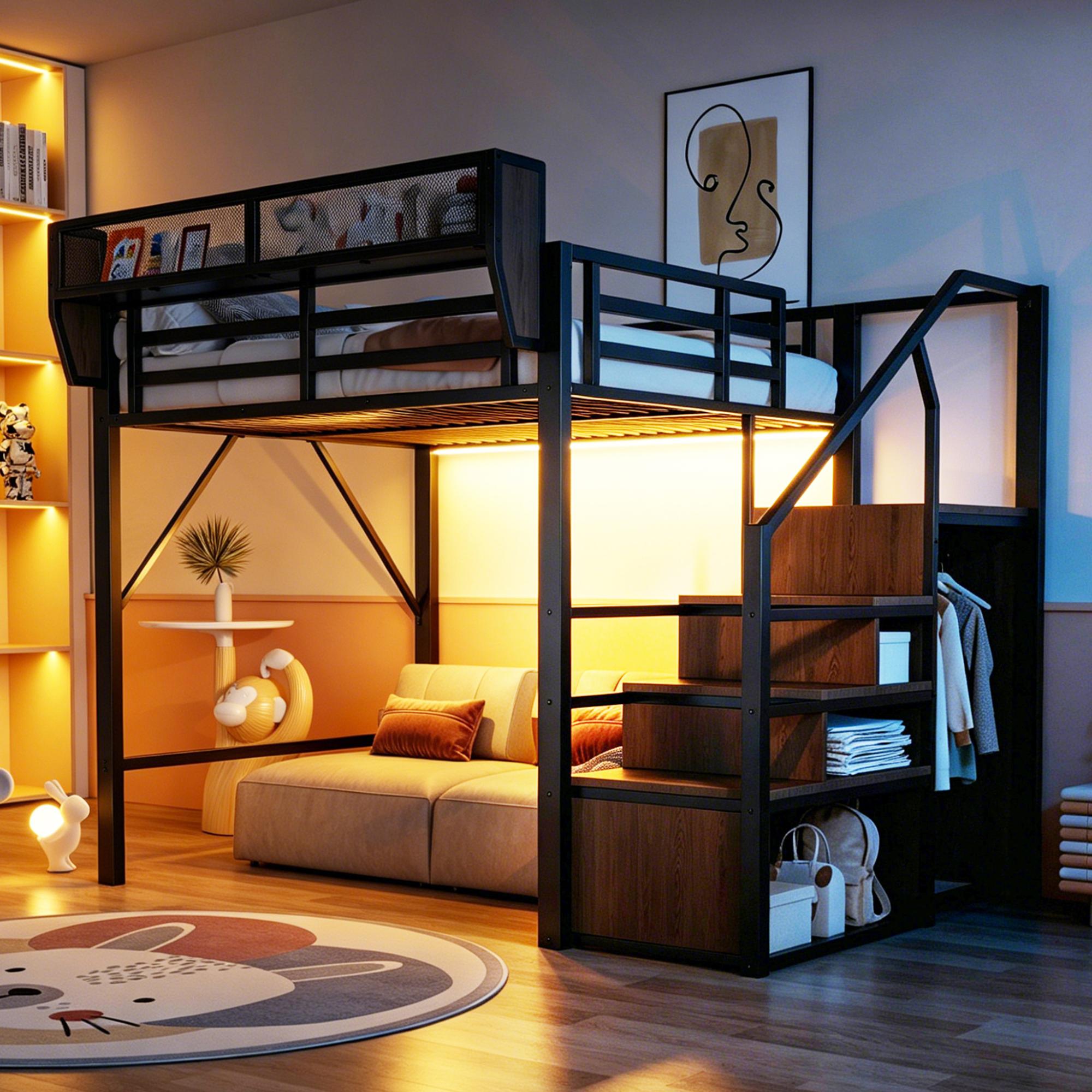 Hochbett 140x200 mit LED-Lichtleiste, Sicherheitsleiter und flexiblem Stauraum Metallbett Erwachsenenbett Kinder-Etagenbett Schwarz
