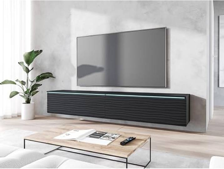 Lowboard TV kast D 180 cm TV-kast TV tafel LED-verlichting optioneel zwart gegolfd (zonder LED-verlichting)