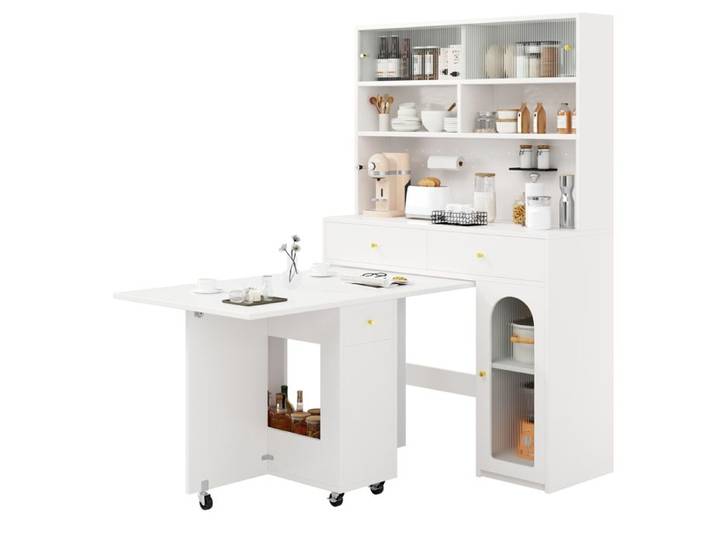ULEVR ensemble buffet haut de cuisine et table rabattable 120 x 75 cm - avec rangement pour 2 à 4 personnes blanc