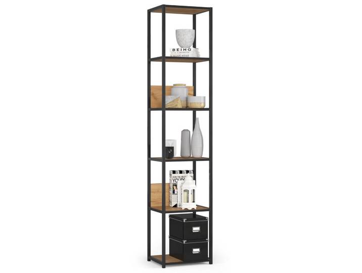 Akord Industrieregal Schwarz, Craft-Eichenfarben 40x192x32 cm, Schwarz, Eichefarben, Metall, Nachbildung, 6 Fächer, Rechteckig,Rechteckig, 40x192x32 cm, Wohnzimmer, Regale, Bücherregale