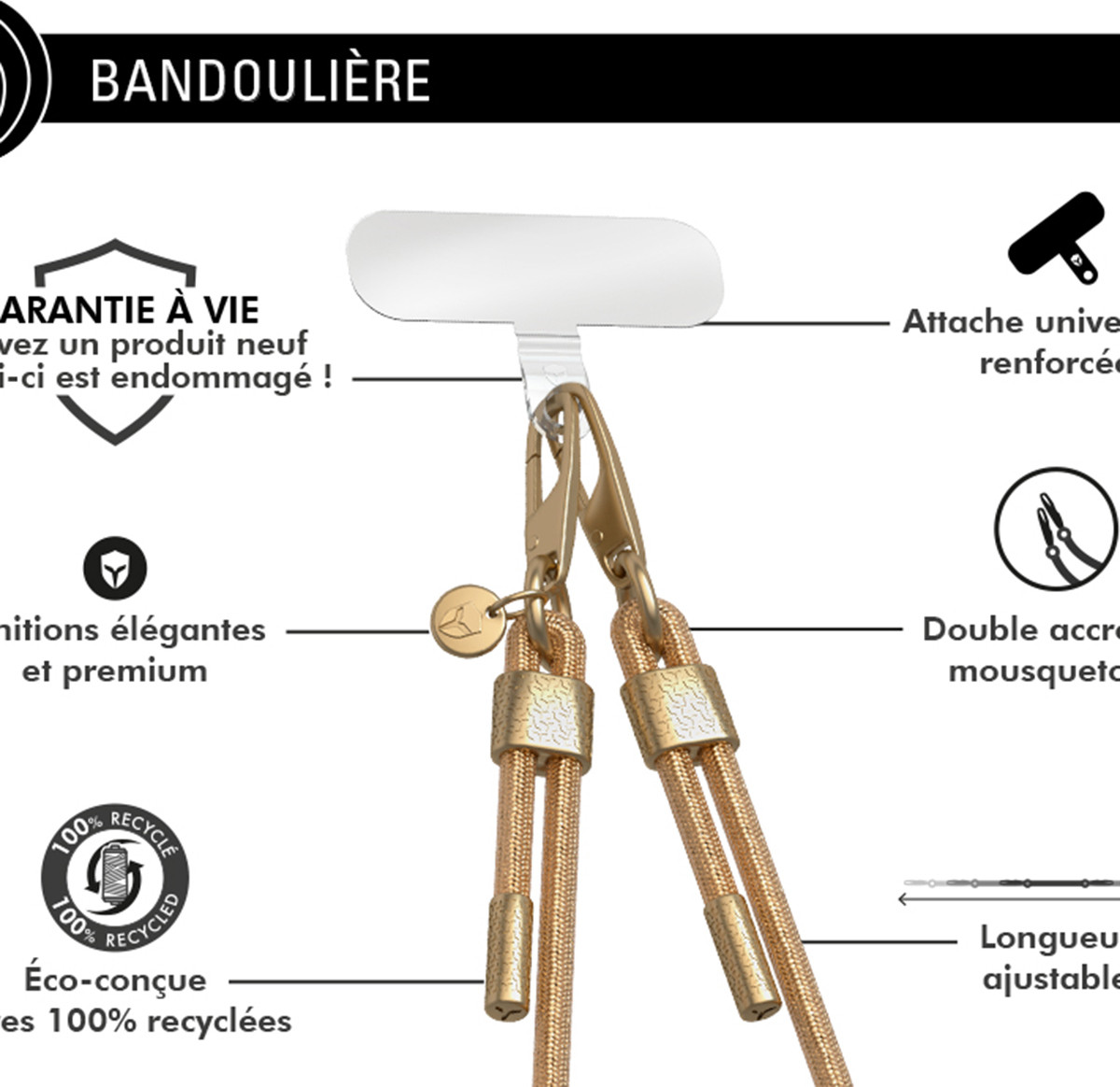 Force Case universele telefoonhoes met pailletten en karabijnhaak, goud