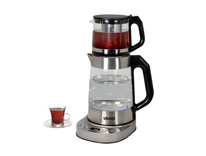 Unold Samowar Selin 18215 Samowar 2-in-1 Teekocher & Wasserkocher 1,7L + 1,0L Teekanne Borosilikatglas mit Edelstahlsieb, 92–100°C, Warmhaltefunktion, Überhitzungsschutz, Kalkfilter, Edelstahl, 1800W