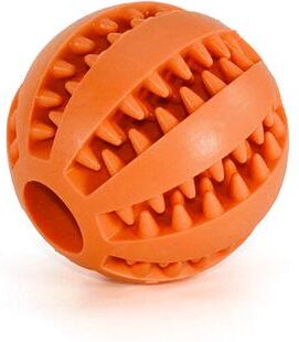 The Handy Homestead Tough Chew Dog Treat Dispensing Ball For Teeth Cleaning And Interactive Play orange l