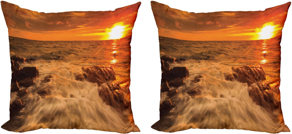 ABAKUHAUS Seestück Sierkussenhoezen Set van 2, Oceaan met Rotsen bij Zonsondergang, Modern Dubbelzijdig Digitale Print, 45 x 45 cm, Oranje en Geel