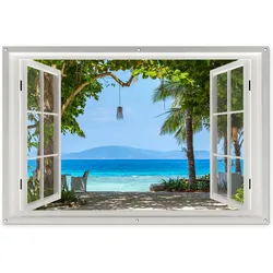 GARTENPOSTER Aussicht - Baum - Meer - Palme - Hügel - Strand - Blau Poster für draußen 180x120 cm