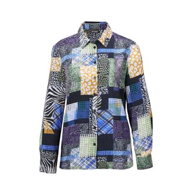 Klassische Bluse GOLDNER "Patchworkbluse mit Allover-Druck", Damen, Gr. 46, blau (marine, gemustert), Obermaterial: 100% Viskose CV., figurumspielend, Manschette, Blusen, Knopfleiste