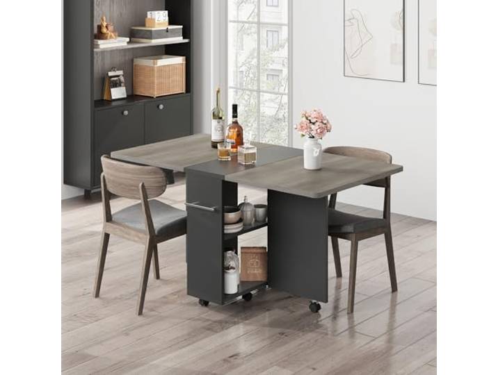 IDEALHOUSE Klappbarer Esstisch Ausziehbar, Drop Leaf Küchentisch Platzsparender Tisch mit 2 Ablagefächern, 6 Rollen und flexiblem Design für kleine Küchen, Esszimmer und Wohnungen