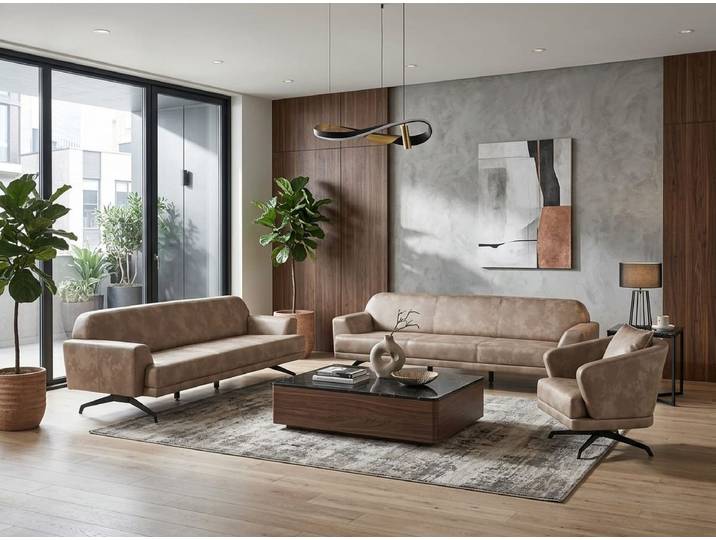 JVmoebel Polstergarnitur Couchgarnitur 3-Sitzer Sofa Sessel Leder Beige Modern Bequem, (Couchgarnitur, 3-tlg., 3-tlg)