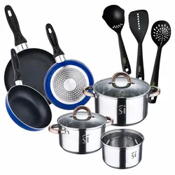 San Ignacio - Onil 5-teiliges Kochgeschirr-Set aus Edelstahl mit 3 Navy Blue Paradise Pfannen Ø16/20/24 cm und 3-teiligem Küchenutensilien-Set