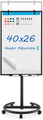 Costway Height-Adjustable Mobile Whiteboard with Round Stand Paper Clips-Black