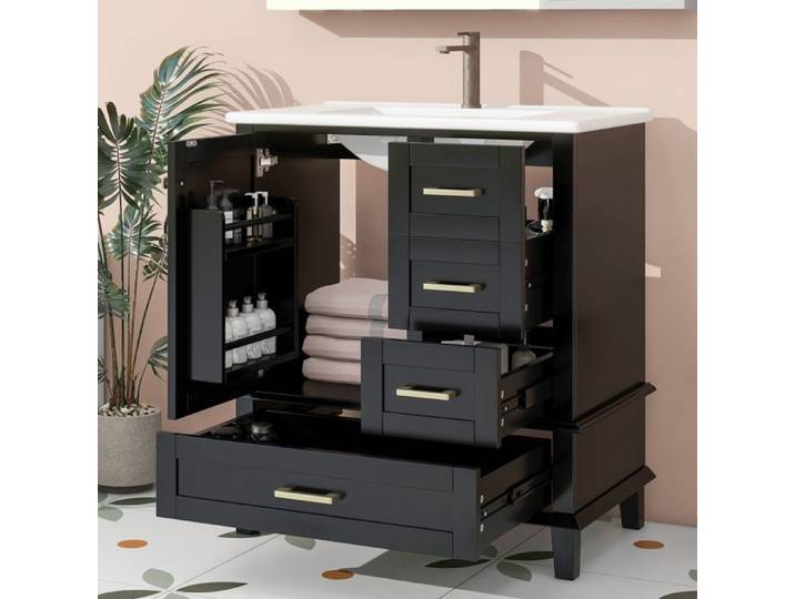 Petit Meuble sous vasque salle de bain tiroirs silencieux-Meuble lavabo main wc et bassin intégré noir-76x46x83 5cm