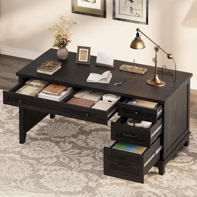 Garvee Farmhouse Office Desk with Charging Station File Drawer 53.5 in Wooden Computer Desk