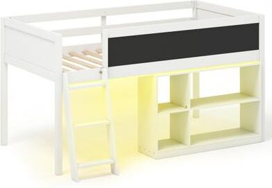 Costway Twin Size Kids Loft Bed with LED Lights and Removable Bookcase-White