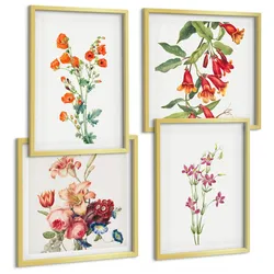 BILDER SET 4er Set - 50x50 cm & 40x60 cm Goldrahmen - Blumenmalerei im Retro-Stil