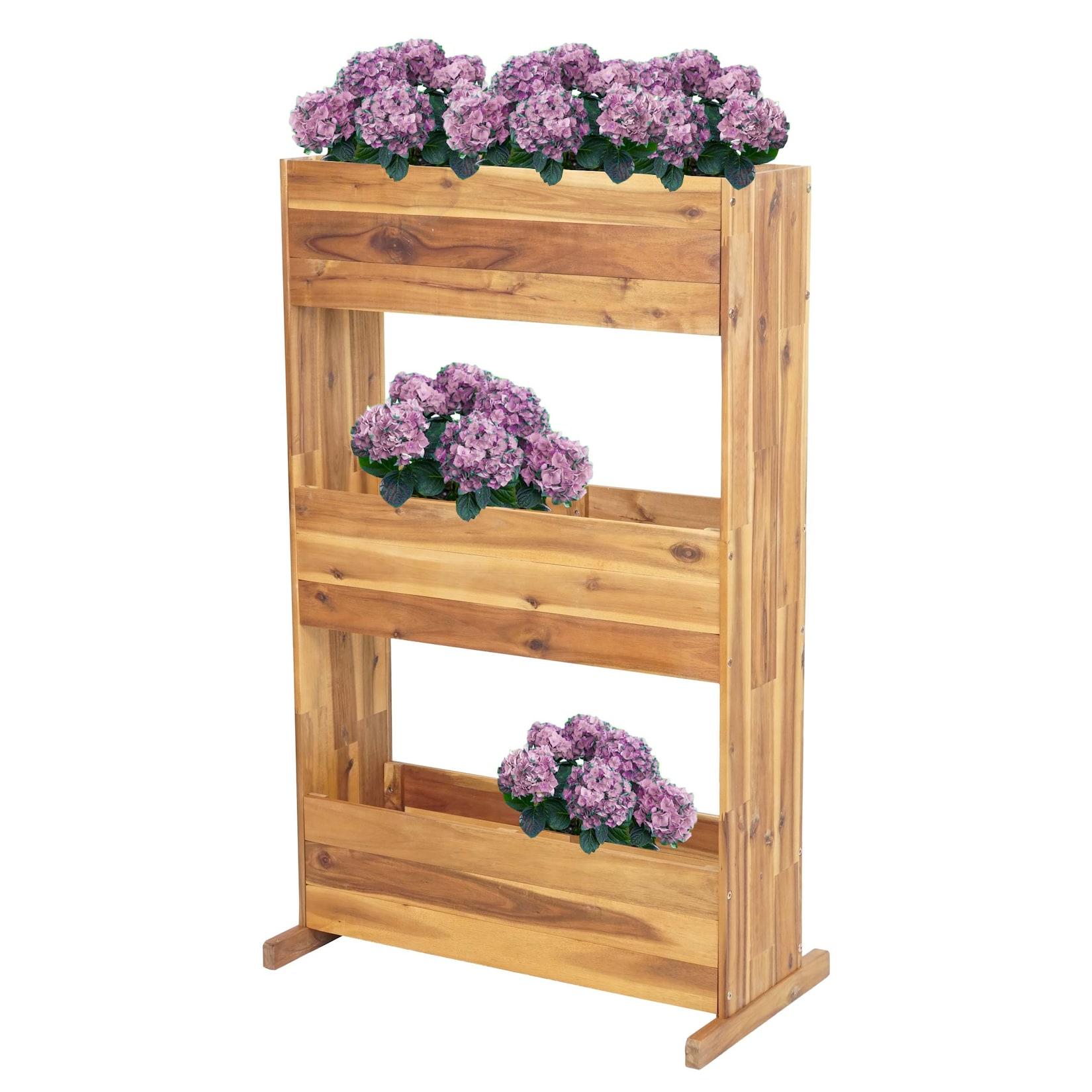 Pflanzkastenregal MCW-L20, Blumenkasten Hochbeet, 115x71x40cm Outdoor Akazie Holz MVG-zertifiziert, 3 Reihen braun