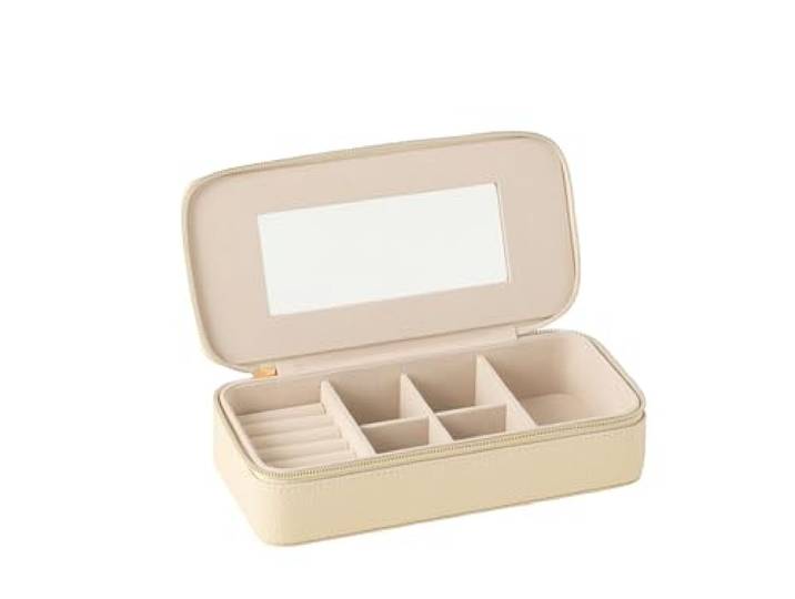 J-Line Sieradendoosje rechthoek + spiegel kunstleder beige