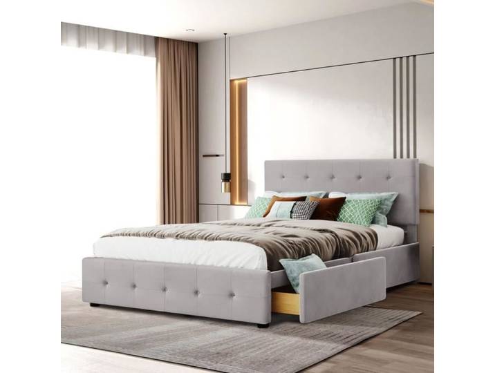Lit adulte Fortuna Lai - DREAMMESPACE - 140x200cm - 2 places - contemporain - velours - gris