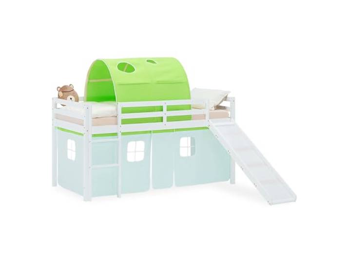 Homestyle4u Kinder-Hochbett mit Rutsche 90x200 cm - Kiefer Holz Weiß Inklusive Tunnel & Vorhang in Grün - Stabiles Massivholz Etagenbett für Jungen & Mädchen - Sicherheitsnorm EN 747 geprüft