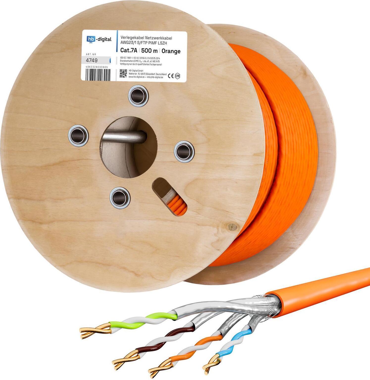 hb-digital CAT 7a Verlegekabel 500m Installationskabel max. 1200 MHz S/FTP AWG23 LSZH orange