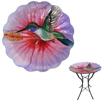 Zaer Ltd. "18"" Glass Bowl Hummingbird Birdbath with Metal Stand ""Rhode Island"""