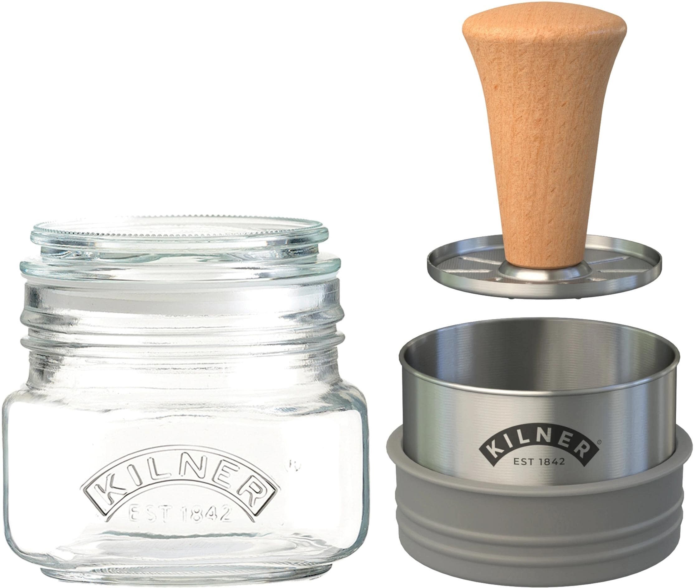 Vorratsglas KILNER "set 500 ml", silberfarben, B:15cm H:20cm L:15cm, Glas, Holz, Silikon, Lebensmittelaufbewahrungsbehälter, Vorratsglas silberfarben B/H/L: 15cm x 20cm x 15cm