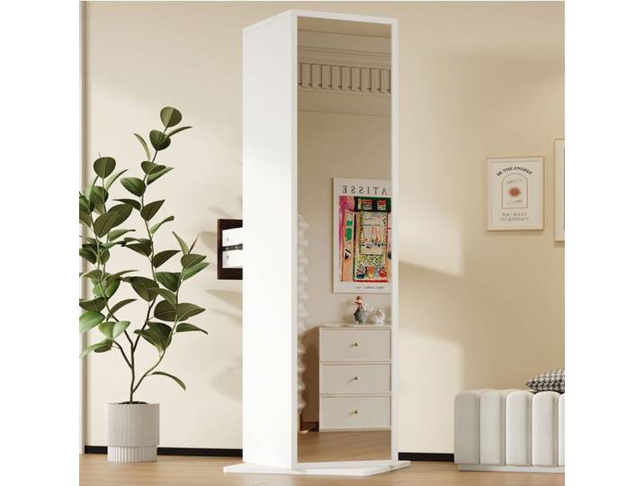 Vitrine pivotante 4 Compartiments Ouverts 1 Tiroir Miroir Pleine Longueur - MODENVIE - Blanche Entrée 45×45×168 cm