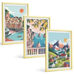 BILDER SET 3er Set - 40x60 cm Goldrahmen - Farbenfrohe Berge und Städte
