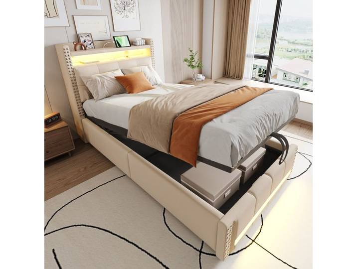 Kinderbett 90x200 cm Polsterbett mit Kopfteilregalen LED-Beleuchtung USB-Steckdose und hydraulischem Stauraum in Beige