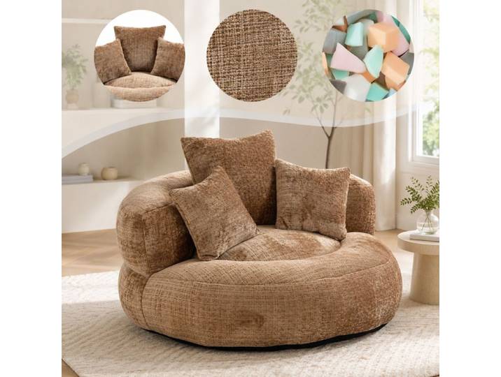 Pouf Poire 2 Places en Chenille 108×108×52 cm avec Trois Coussins - Confortable Canapé Lazy Marron