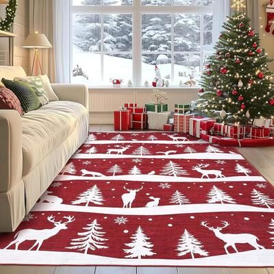 YUN Runner Rug, Washable Christmas Rug with Tree Reindeer Snowflake, Non Slip Carpet for Kitchen or Entryway